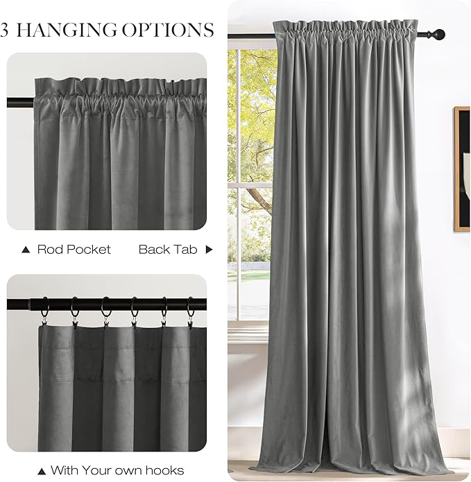 NICETOWN Super Soft Velvet Curtains 84 inches, Sound Reducing Cold Heat Insulated Heavy Matt Room Darkening Panels for Living Room (Light Grey, 2 Panels)