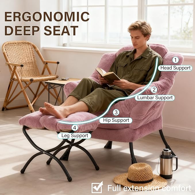 Welnow Lazy Chair with Ottoman, Modern Accent Chair with Armrests and a Side Pocket, Leisure Sofa Armchair Set, Reading Armchair with Footrest for Small Space, Plush Purple