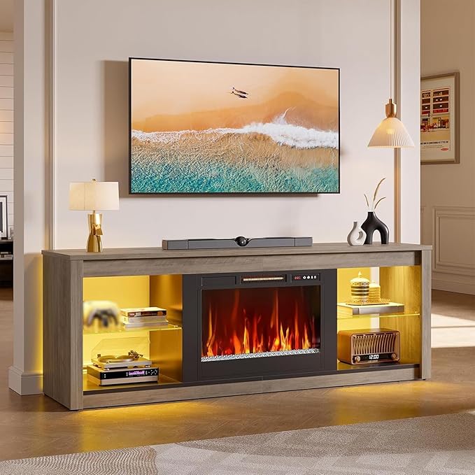 Bestier 70 Inch Fireplace TV Stand for TV up to 75", LED Entertainment Center with 23" Electric Fireplace Media Console Table for Living Room with Glass Shelves, Wash Gray