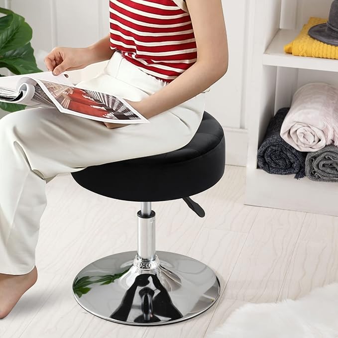 Furniliving Mid-Century Velvet Tufted Makeup Ottoman Stool, Modern Big Size Swivel Round Adjustable Vanity Stool Chair for Living Room Bedroom, Black