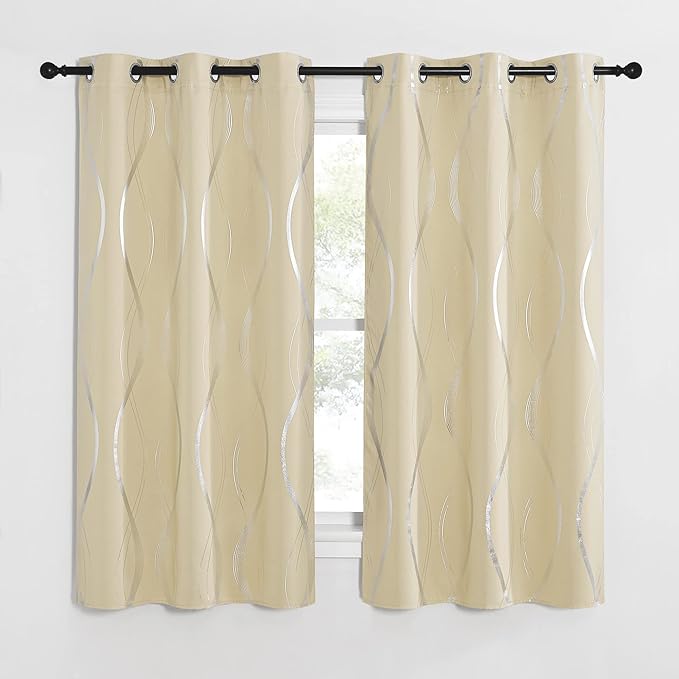 NICETOWN Bedroom Short Blackout Curtain Panels, Window Treatment Thermal Insulated Room Darkening Wave Line Foil Print Design Curtains for Kitchen, Cafe, Loft (Biscotti Beige, Set of 2, 42 by 63 Inch)
