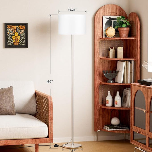 Ambimall 60'' Modern Floor Lamp with Shade, Tall Lamps for Living Room, Bedroom, Office, Dining Room, White Shade with Silver Pole(Without Bulb)