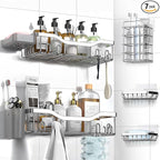 NESOMI Shower Caddy Adhesive Shower Organizer 7-Pack, Rustproof Stainless Steel Bathroom Shelves, Large Capacity No-Drill Rack Storage Accessories with Soap Dish Toothbrush Holder Hooks