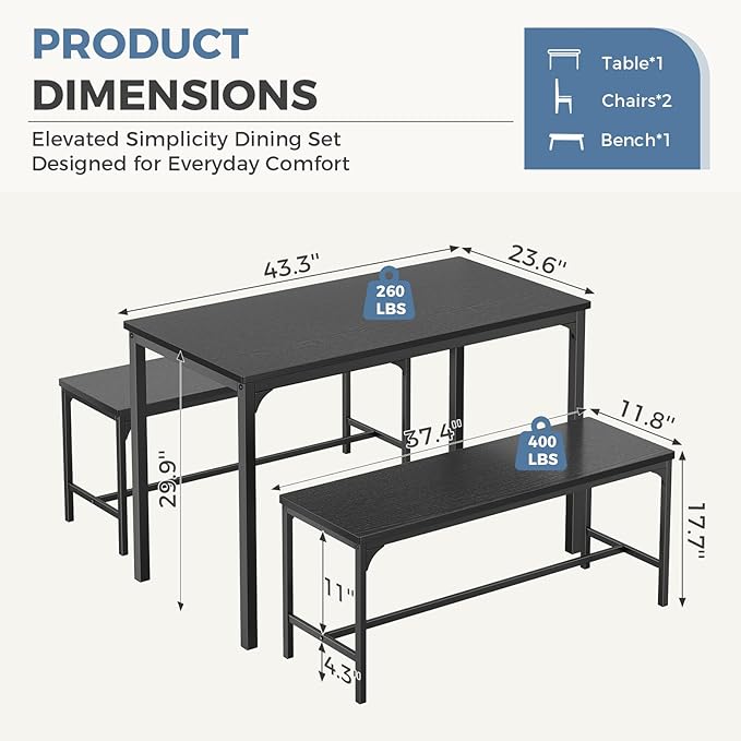 DUMOS Dining Table, Dining Table Set for 4 with Bench, Easy to Assemble Kitchen Table, Space-Saving Ideal 4-Person Set for Dining Room Kitchen Apartment Corner Black 3 Pack
