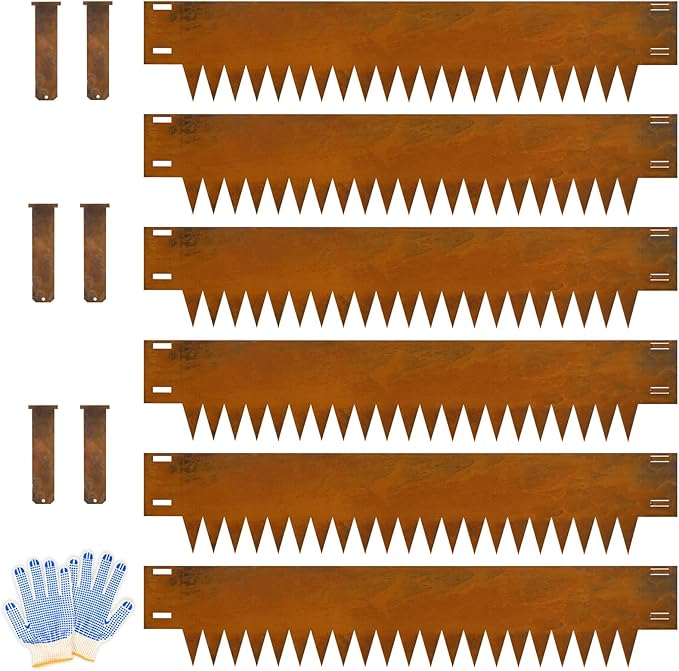 Metal Landscaping Edging, 6Hx40L-Inch Cor Ten Steel Landscape Edging with 6 Clips and Gloves, 6-Pack Unique Rust-Finish Edging, for Enhanced Garden, Yard, Park, Lawn