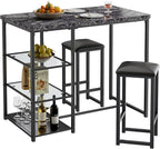VECELO Small Bar Table and Chairs Set for 2, Upholstered Stools & Glass Storage Shelves, for Kitchen Dining Breakfast Nook, Space-Saving, Faux Marbled & Black