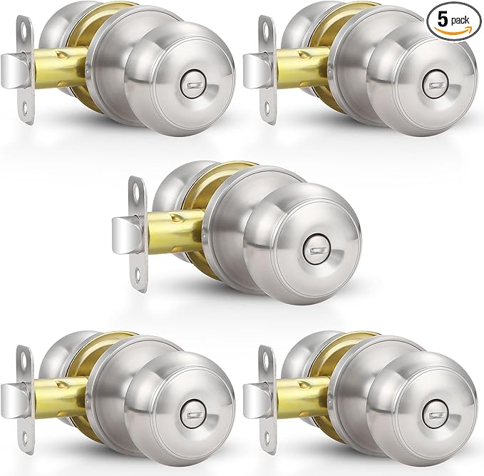 Estmoon 5 Pack Door Knobs Brushed Nickel Interior Keyless Door Lock Privacy Door Handle, Round Ball Silver Knobs for Bathroom Bedroom