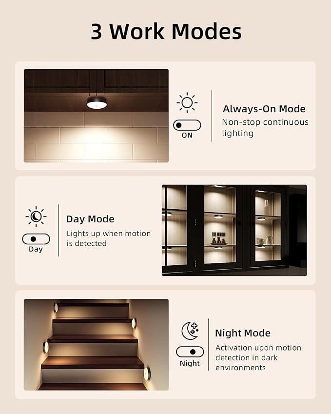 EZVALO Under Cabinet Lighting,1000mAh Rechargeable Puck Lights with Remote,3 Color Temps & 12 RGB Motion Sensor Closet Lights Indoor,Dimmable Under Cabinet Lights for Kitchen,Cabinets,Closet (3 Packs)