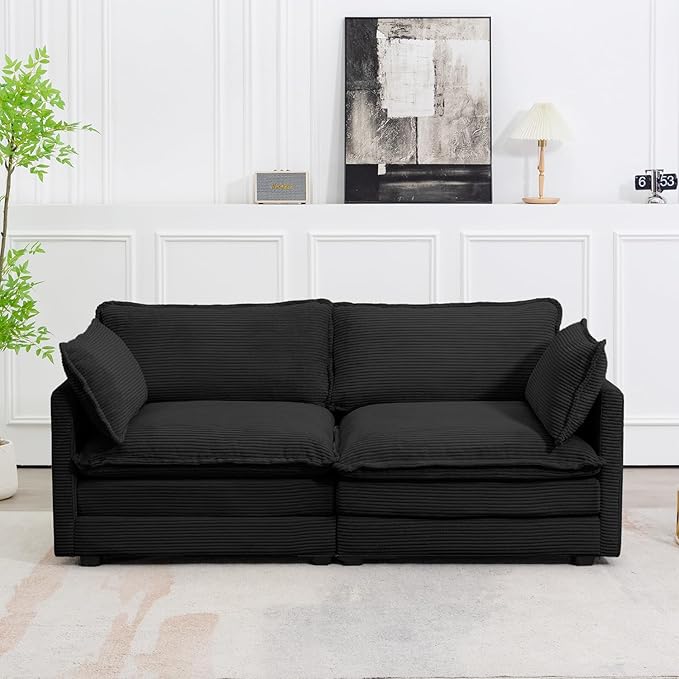 ROWHY Sectional 2 Seat Cloud Loveseat with 2 Throw Pillows, Modern Corduroy Love Seat Sleeper Bed, Convertible Cozy Sofa for Living Room and Office, Black