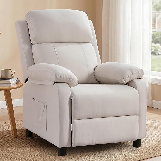 Recliner Chair, Reading Chair for Adults with Side Pockets, Recliners with Padded Deep Seat, Small Recliners for Small Spaces, Linen Fabric Comfy Chair for Bedroom, Living Room, and RV