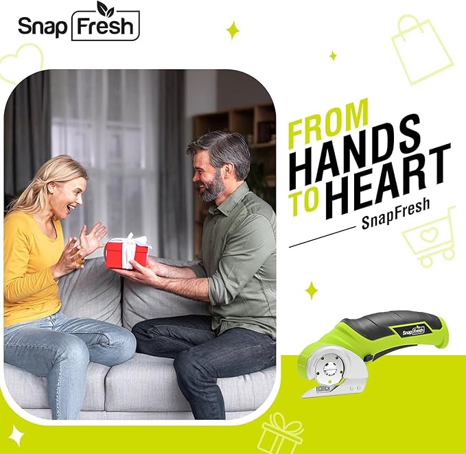SnapFresh Cordless Electric Scissors, 4V Electric Mini Box Cutter, Carpet & Cardboard Cutter Tool with a Replacement Blade/Charger, Rotary Cutter for Cardboard Packages Leather Plastic （Green）