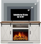 AMERLIFE Fireplace TV Stand with Sliding Barn Door for TVs up to 65", Farmhouse 59" Fireplace Entertainment Center with Storage Cabinets/Adjustable Shelves, Distressed White & Barnwood