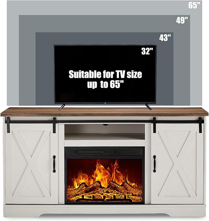 AMERLIFE Fireplace TV Stand with Sliding Barn Door for TVs up to 65", Farmhouse 59" Fireplace Entertainment Center with Storage Cabinets/Adjustable Shelves, Distressed White & Barnwood