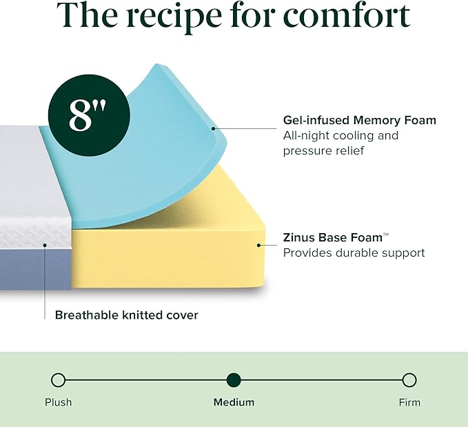Zinus 8 Inch Queen Cooling Essential Memory Foam Mattress [NewVersion], Fiberglass Free, Medium Feel, Breathable Cooling Layers, Certified Safe Materials