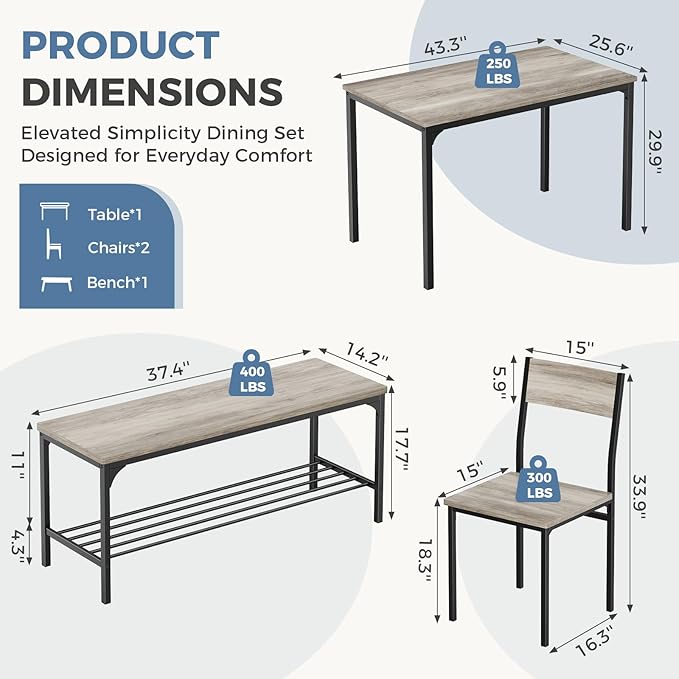 DUMOS Dining Table, Dining Table Set for 4 with Bench, Easy to Assemble Kitchen Table, Space-Saving Ideal 4-Person Set for Dining Room Kitchen Apartment Corner Grey 4 Pack