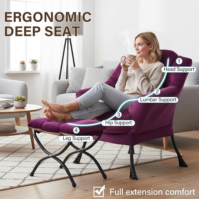 Welnow Lazy Chair with Ottoman, Modern Accent Chair with Armrests and a Side Pocket, Leisure Sofa Armchair Set, Reading Armchair with Footrest for Small Space, Dark Purple