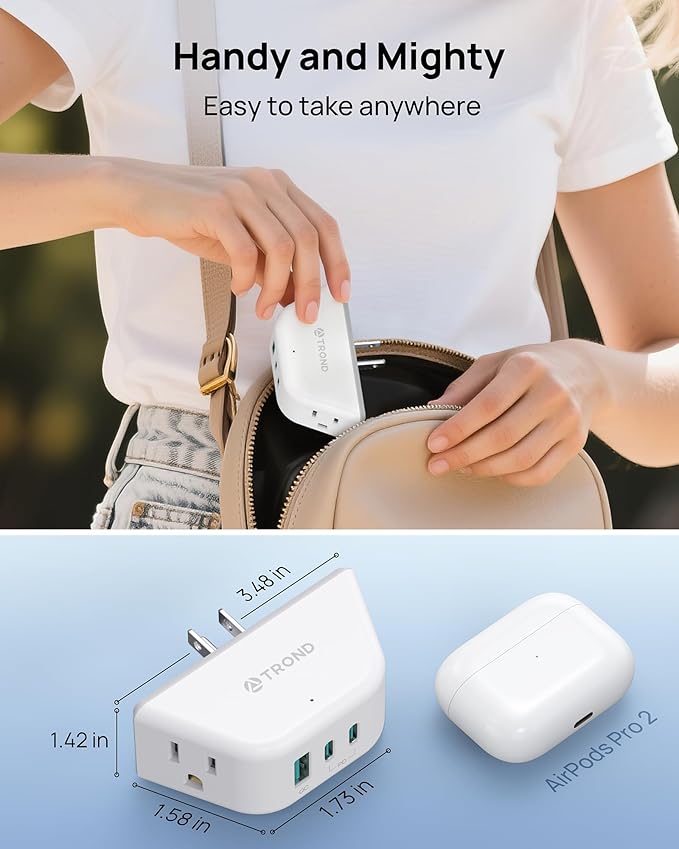 TROND Outlet Extender with USB C PD 20W, Outlet Splitter with 2 AC Sockets, 3-Side Design Wall Plug Adapter, for Home Office Cruise Travel Essentials, White