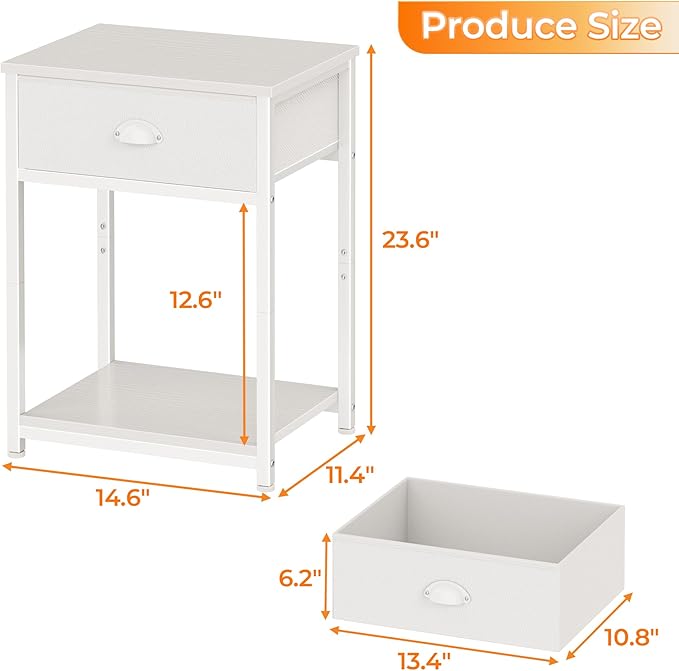 Furologee White Nightstands Set of 2, End Table with Fabric Drawer, Small Side Table for Small Spaces, 2 Tiers Storage Shelves End Table, Bedside Table for Living Room, Bedroom, Dorm
