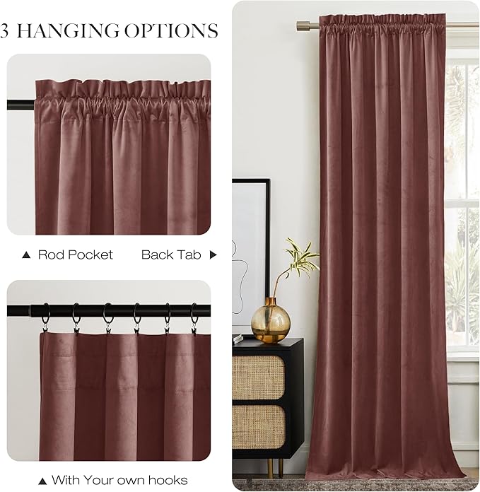 NICETOWN Wild Rose Velvet Curtains, Rod Pocket Velvet Drapes, Media Movie Theater Room Decor for Living Room, Super Soft Luxury Velvet Room Darkening Drapes for Home Decor (1 Pair, W52 x L96 inches)