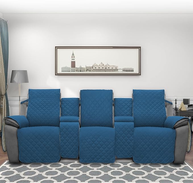 Easy-Going Recliner Sofa Cover with Console, Reversible Couch Cover for Living Room, Split Sofa Cover for Each Seat with Elastic Straps for Kids, Dogs, Pets (3 Seater, Peacock Blue/Beige)
