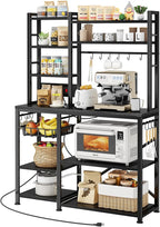 SNTD Baker Rack with Power Outlet - Microwave Stand with Storage, Large Coffee Bar Station with 14 Hooks, Metal Kitchen Shelf Rack for Spices, Pots (Rustic Black)