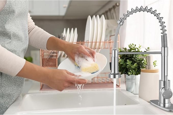 DJS Kitchen Faucets with Pull Down Sprayer Brushed Nickel High Arc Single Handle 1 or 3 Holes Spring Kitchen Sink Faucet with Deck Plate for Farmhouse RV Vessel Basin
