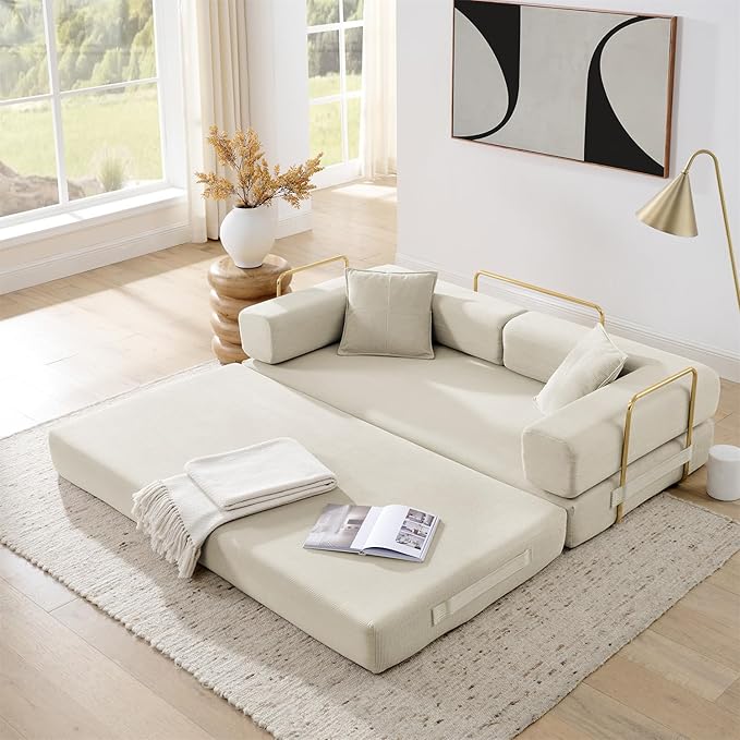 4-in-1 Folding Convertible Sofa Bed, 78 Inch Boneless Couch with Fixed-Shape Frame, Corduroy Loveseat Sleeper with Pull Out Bed, Floor Sofa Modular Futon Couch for Living Room Bedroom Lounge (Beige)