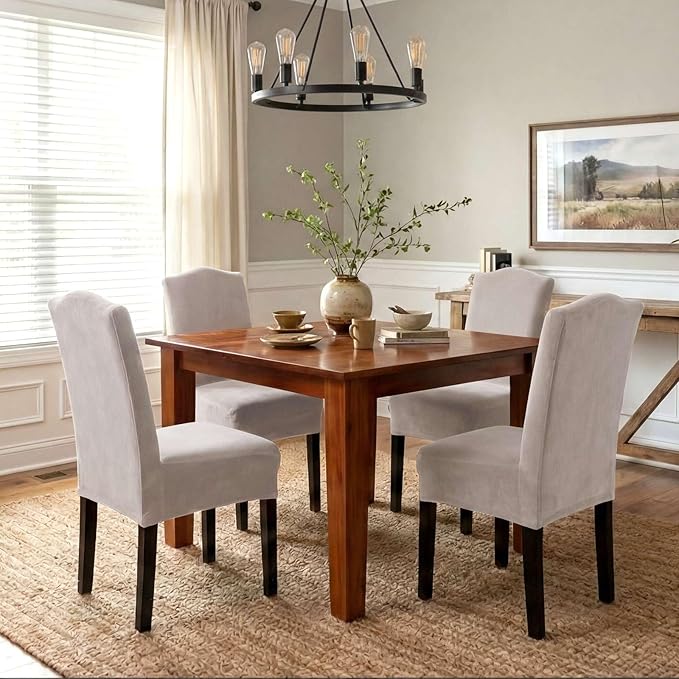 H.VERSAILTEX Velvet Dining Chair Covers Stretch Chair Covers for Dining Room Set of 4 Parson Chair Slipcovers Chair Protectors Covers Dining, Soft Thick Solid Velvet Fabric Washable, Oatmeal
