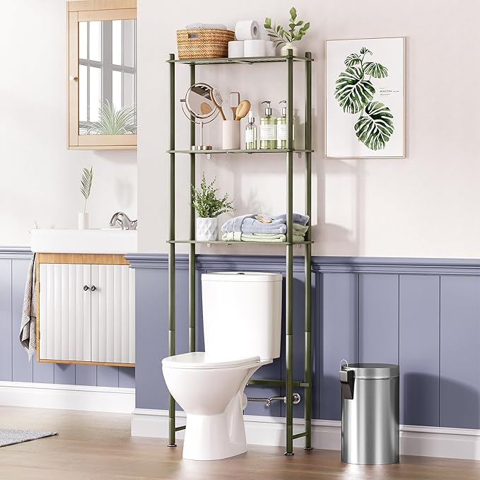 AmazerBath Bamboo Over The Toilet Storage Shelf, 3-Tier Over Toilet Bathroom Organizer Rack, Bathroom Shelves Over Toilet Space Saver, Forest Green