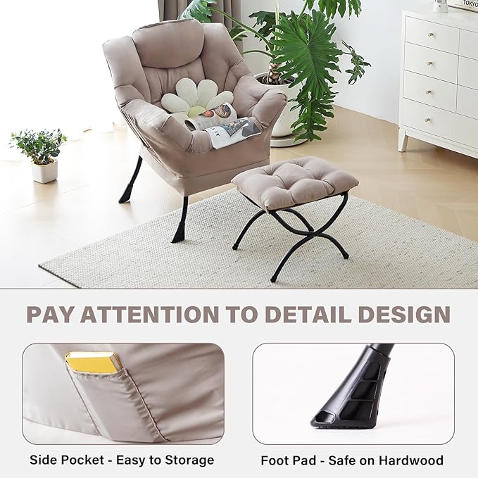Tiita Lazy Chair with Ottoman, Khaki Modern Large Accent Chair, Comfy Leisure Sofa Armchair with Ottoman, Reading Chair with Footrest for Bedroom, Living Room, Dorm Rooms, Khaki