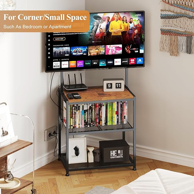 23 Inch to 50 Inch Floor Small Corner TV Stand with Storage Shelves for Living Room Bedroom, Universal Floor Television Stands with Mount, Rustic Brown Corner TV Table Desk Shelf for Small Space