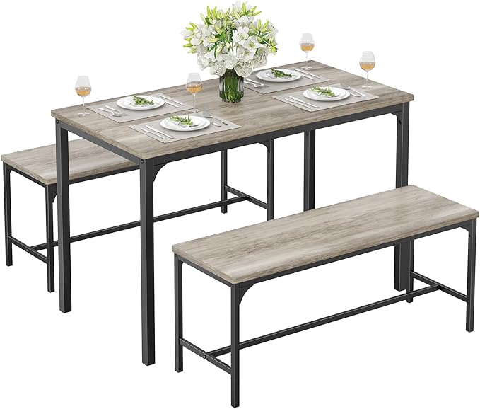 DUMOS Dining Table, Dining Table Set for 4 with Bench, Easy to Assemble Kitchen Table, Space-Saving Ideal 4-Person Set for Dining Room Kitchen Apartment Corner Grey 3 Pack