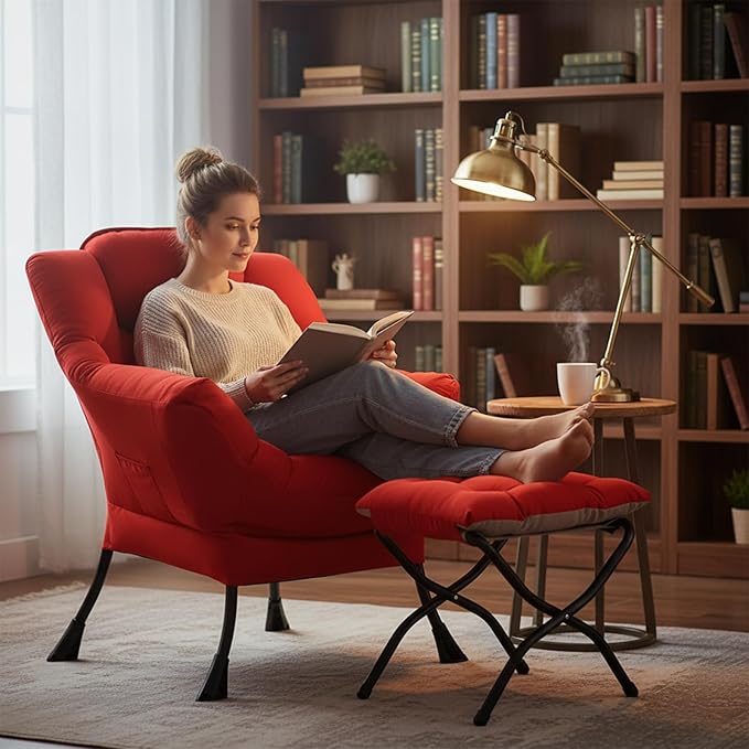 Welnow Lazy Chair with Ottoman, Modern Accent Chair with Armrests and a Side Pocket, Leisure Sofa Armchair Set, Reading Armchair with Footrest for Small Space, Red