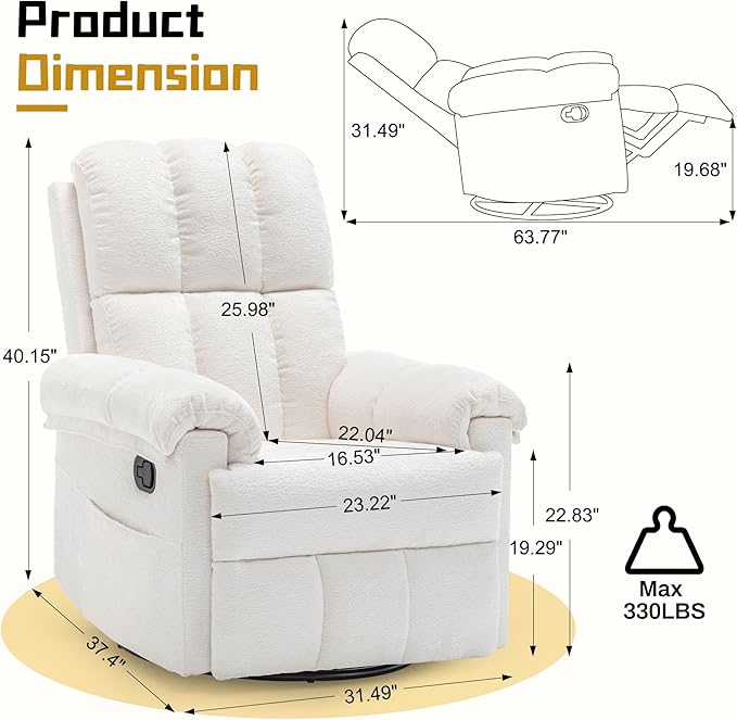 Recliner Chair, Swivel Rocker Recliner Chair for Adults, Small Recliners for Small Spaces, Upholstered Manual Recliner with Side Pockets, Nursery Rocking Chair for Living Room, Chenille, Beige