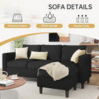 JAMFLY 3-Seat Convertible L-Shaped Sectional Sofa with Reversible Ottoman, Upholstered Fabric Couch for Small Living Rooms, Modern Modular Couch for Apartment, Studio & Loft, Black
