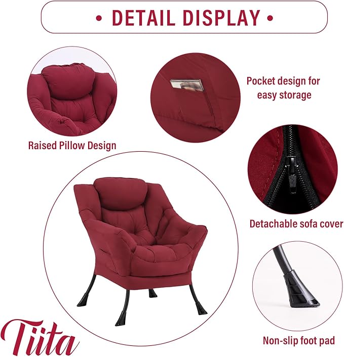 Tiita Lazy Chair, Red Modern Large Accent Armchair, Comfy Leisure Sofa Reading Chair for Bedroom, Living Room, Dorm Rooms, Garden and Courtyard, Red