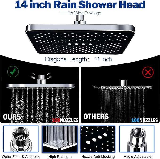 Shower Head,14" High Pressure Shower Combo,Rainfall Shower System with Handheld Spray,All Metal 3-Way Diverter & 6ft Hose,Anti-Clog Nozzles,Easy to Install in Bathrooms-Chrome
