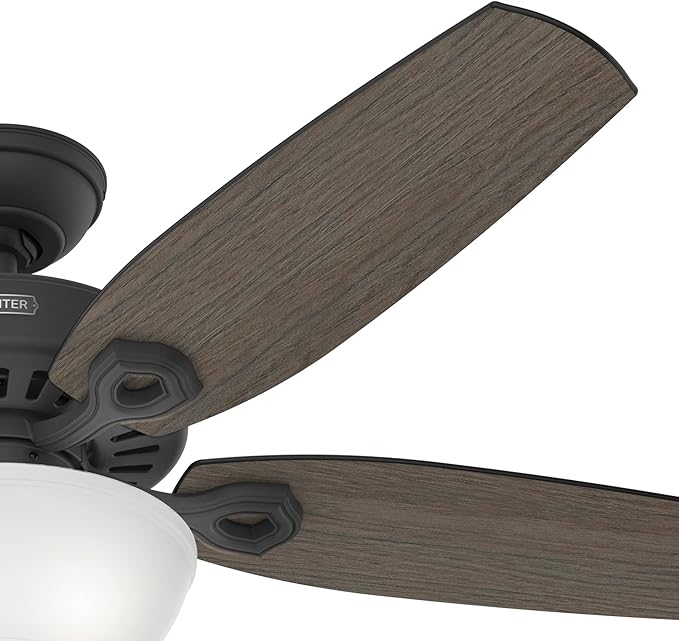 Hunter 52 inch Indoor Ceiling Fan with LED Light - Black Ceiling Fan with Pull Chain, For Bedroom or Living Room, Standard Mount, No Remote, 5 Blades, Includes Bulbs- Builder Deluxe 52386, Matte Black