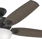 Hunter 52 inch Indoor Ceiling Fan with LED Light - Black Ceiling Fan with Pull Chain, For Bedroom or Living Room, Standard Mount, No Remote, 5 Blades, Includes Bulbs- Builder Deluxe 52386, Matte Black