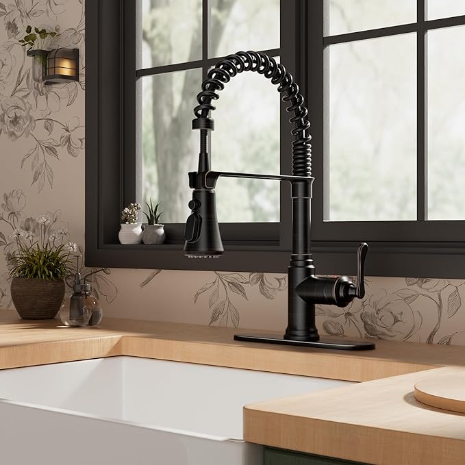 FORIOUS Rustic Kitchen Faucet with Pull Down Sprayer Oil Rubbed Bronze, 3 Modes Stainless Steel High Arc Vintage Spring Sink Faucet 1 or 3 Holes for Pot Filler, Farmhouse Camper Wet Bar
