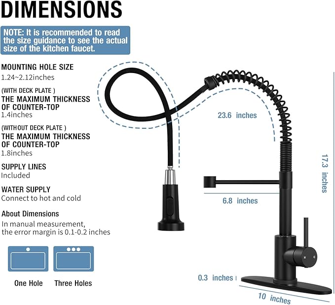 DJS Kitchen Faucets with Pull Down Sprayer Matte Black - Single Handle 1 or 3 Holes Spring Kitchen Sink Faucet with Deck Plate for Farmhouse RV Vessel Basin