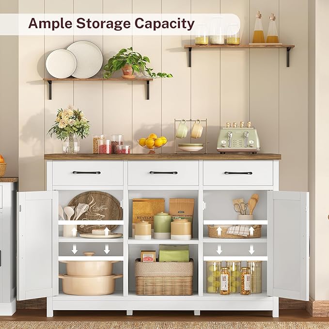 TEENFON Storage Cabinet, Coffee Bar Cabinet with 3 Drawers, 2 Adjustable Shelves & 2 Doors, Buffet Cabinet, Kitchen Cabinet for Kitchen, Dining Room, Living Room, White