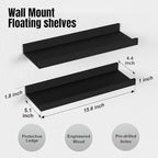 RICHER HOUSE 4 Set Floating Wall Mounted Shelves, Black Shelves for Wall Decor, Modern Picture Ledge Shelf with Lip for Storage, Nursery, Bedroom, Living Room, Bathroom - Black