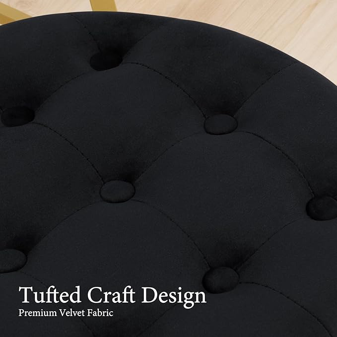 Furniliving Mid-Century Velvet Tufted Makeup Ottoman Stool, Modern Big Size Swivel Round Adjustable Vanity Stool Chair for Living Room Bedroom, Black