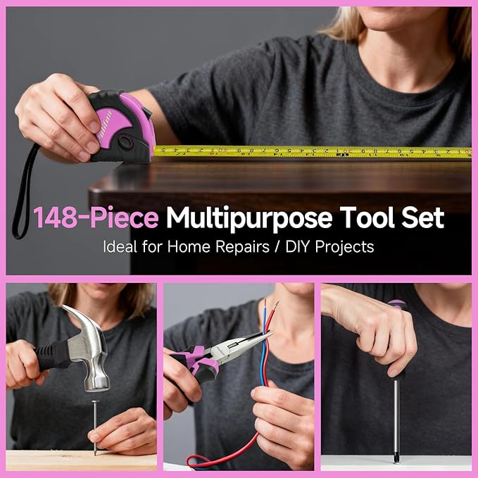 PULITUO Drill Set, 148-Piece Home Tool Set with 12V Pink Cordless Drill, Hand Tool Kits, and Tool Box, Suitable for Men, Women, and DIY Enthusiasts for Home Improvement.