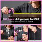 PULITUO Drill Set, 148-Piece Home Tool Set with 12V Pink Cordless Drill, Hand Tool Kits, and Tool Box, Suitable for Men, Women, and DIY Enthusiasts for Home Improvement.