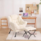 Welnow Lazy Chair with Ottoman, Modern Accent Chair with Armrests and a Side Pocket, Leisure Sofa Armchair, Reading Armchair with Footrest for Small Space, Plush Beige