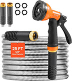VEVOR Metal Garden Hose 25 ft, Rust Proof Stainless Steel Water Hose, Heavy Duty Backyard Hose with 10 Function Nozzle, No-Kink & Flexible Water Pipe, Lightweight Metal Hose for Yard, Outdoor