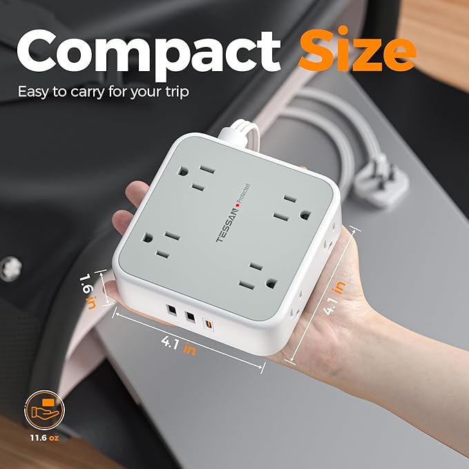 TESSAN Surge Protector Power Strip, 5 Ft Flat Plug Extension Cord with 3 USB (1 USB C 20W PD) 8 Outlets, 1250W, 900J Protection, 3 Sided Outlet Extender with Power Switch for Office, Dorm Room, Grey
