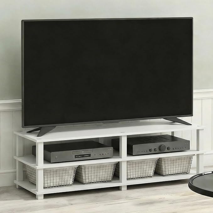 Furinno Turn-S-Tube TV Stand, 3-Tier Open Frame Design Entertainment Center, TV Console for TV up to 46 Inch, Toolless Assembly, for Living Room, Bedroom, White